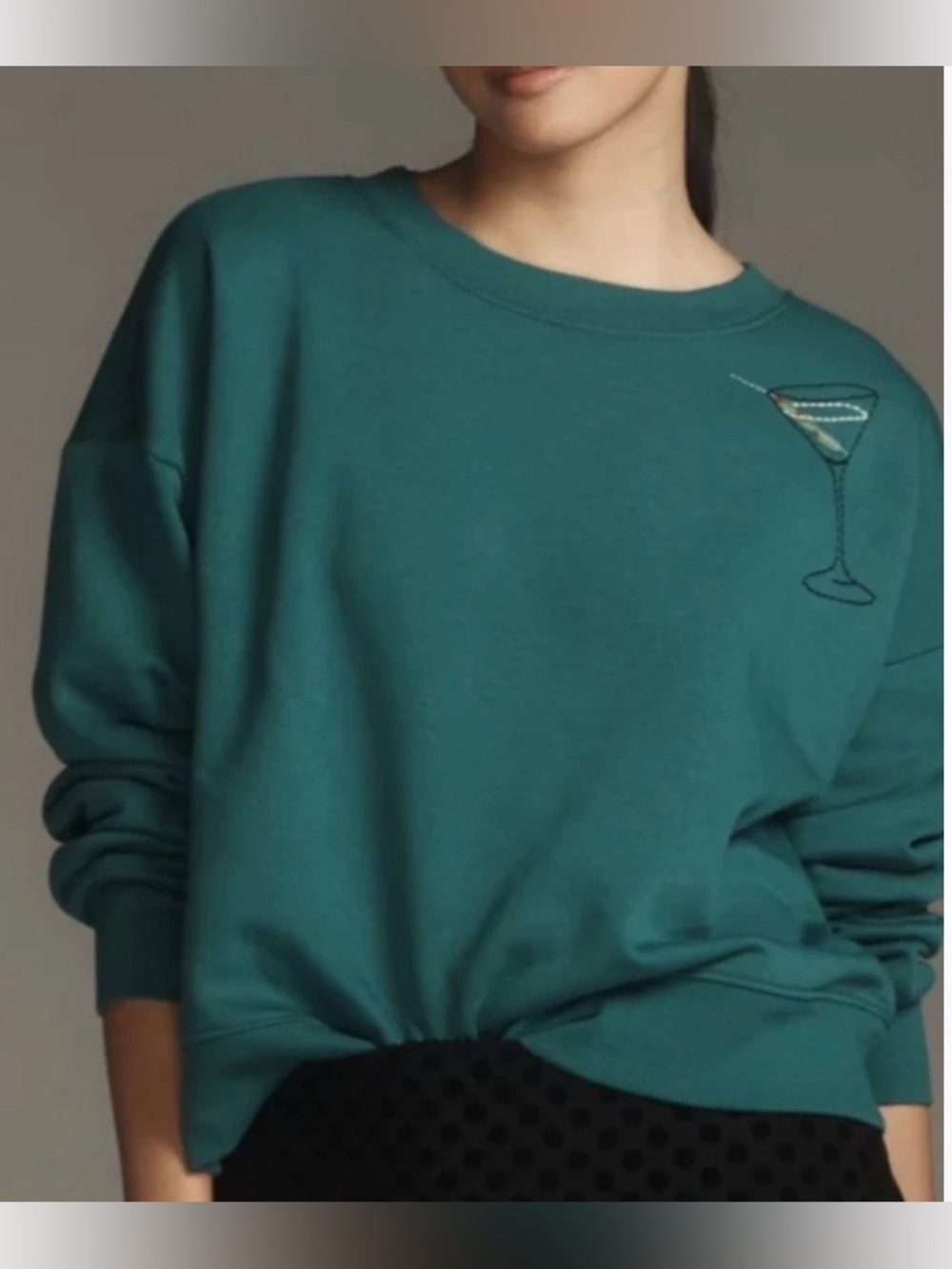 Maeve Medium Teal Martini Embroidered Pullover Sweatshirt Anthropologie Cocktail